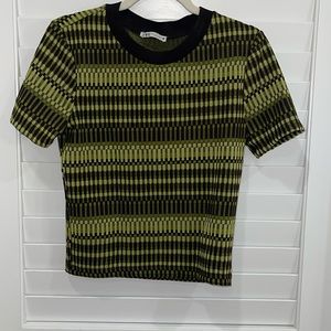 Zara polyester retro shirt top in green and brown. Short sleeves. NWT
